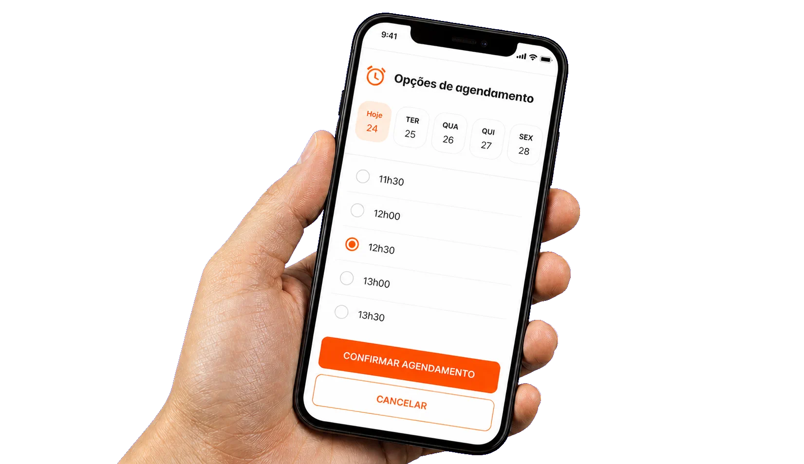 Mão humana real segurando um celular com opções de agendamento de pedidos