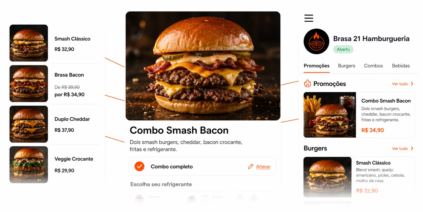 Cardápio digital do Ajeita Aí para a Brasa 21 com lista de hambúrgueres, produto em destaque e vitrine de promoções