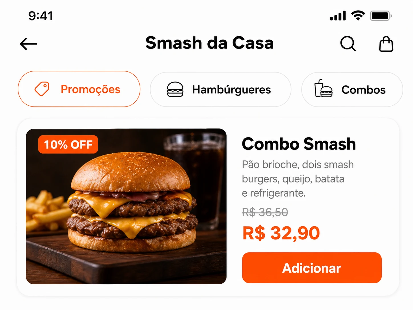 Cardápio da hamburgueria com o Combo Smash em promoção