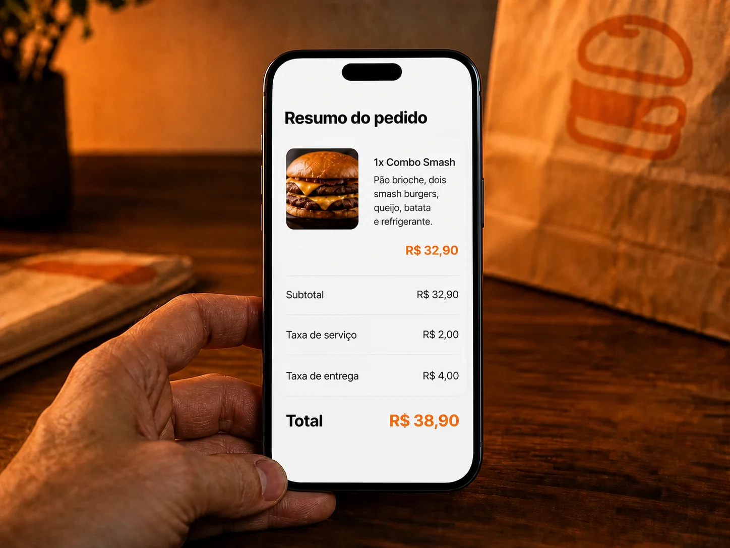 Celular mostrando o resumo do pedido do Combo Smash