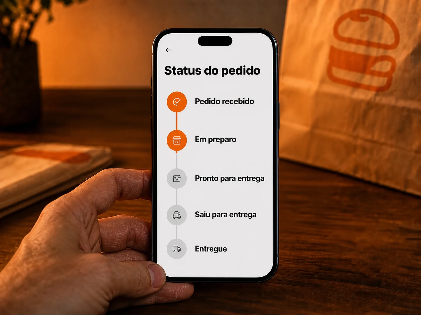 Celular mostrando as etapas do status do pedido