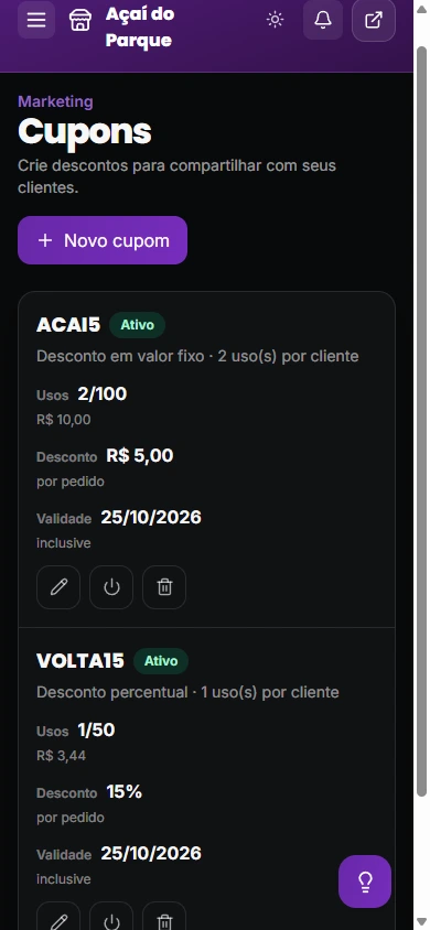 Tela real do painel Ajeita Aí mostrando a loja Açaí do Parque com dois cupons de desconto ativos