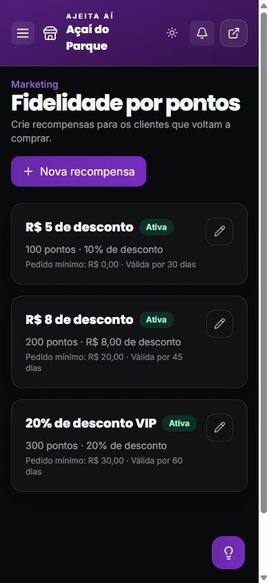 Tela real do painel Ajeita Aí mostrando a loja Açaí do Parque com três recompensas de fidelidade por pontos