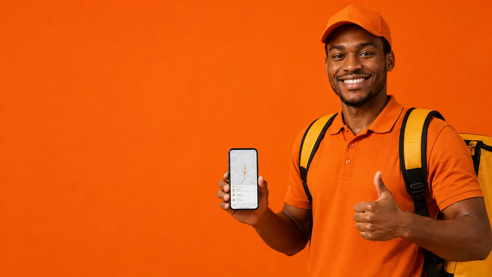 Entregador negro da Ajeita Aí com celular e mochila de entrega