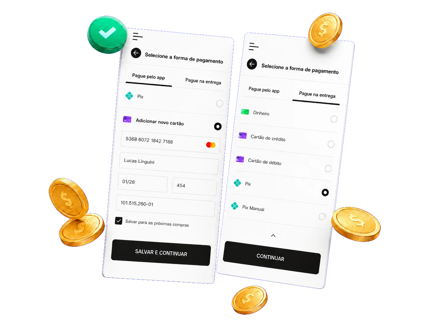 Duas telas do checkout Ajeita Aí com pagamento por PIX, cartão e pagamento na entrega
