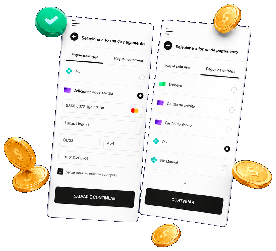 Duas telas do checkout Ajeita Aí com pagamento por PIX, cartão e pagamento na entrega