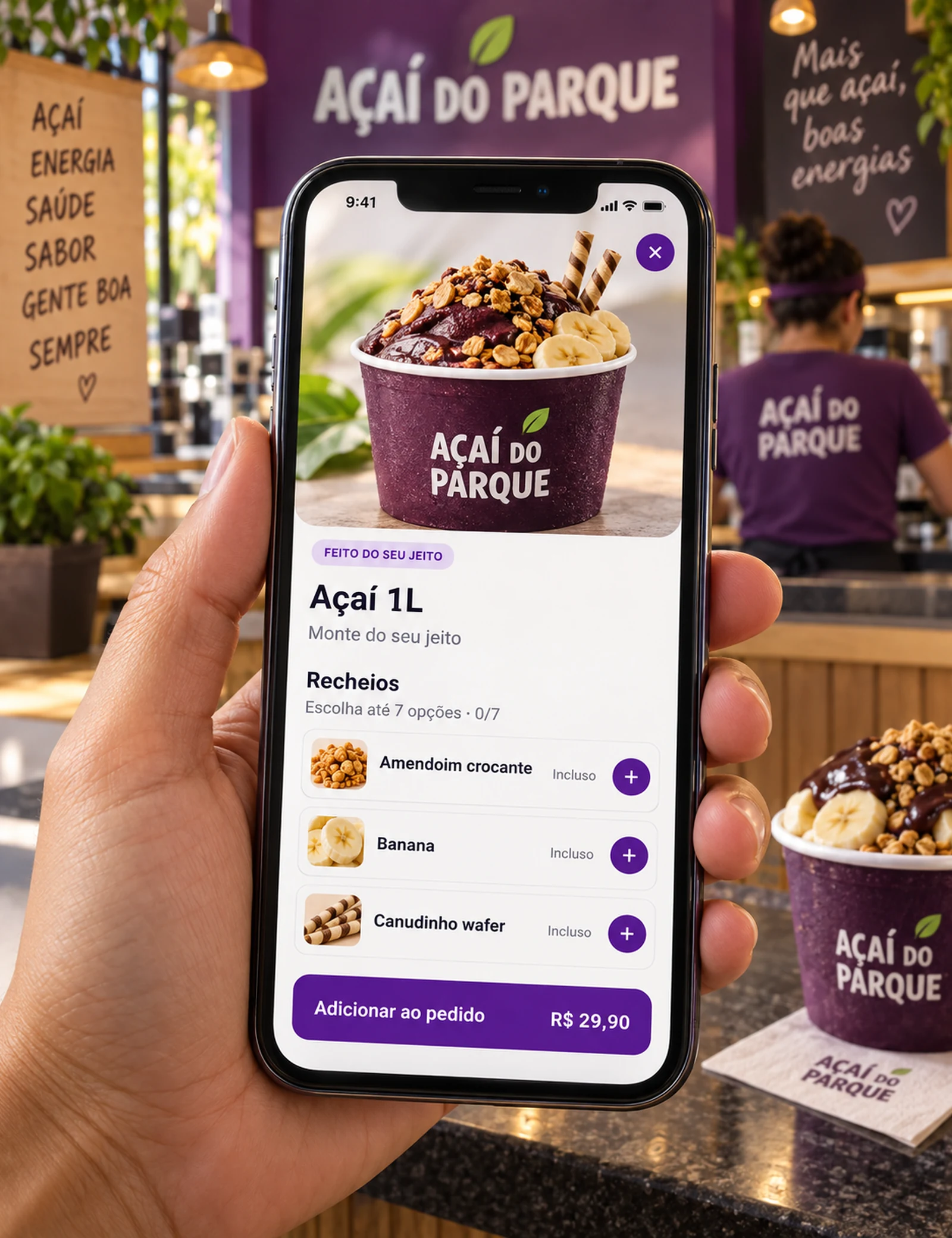 Celular com o produto da loja Açaí do Parque e três perguntas comuns de clientes de açaí