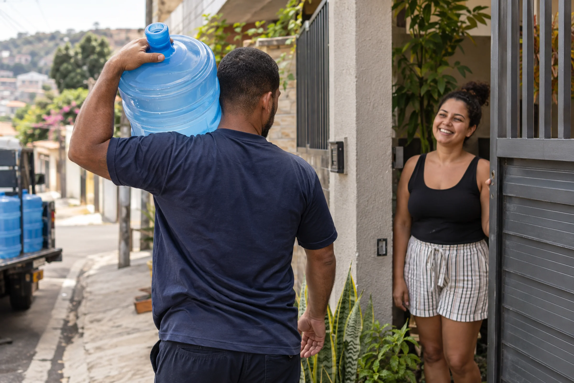 Entrega de pedido de água mineral na porta de um cliente do bairro