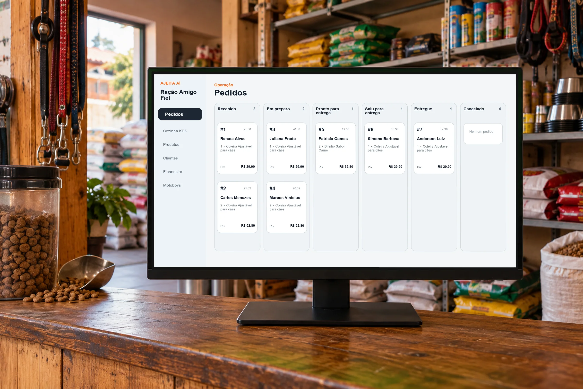 Painel de pedidos da loja Ração Amigo Fiel aberto em um monitor no balcão