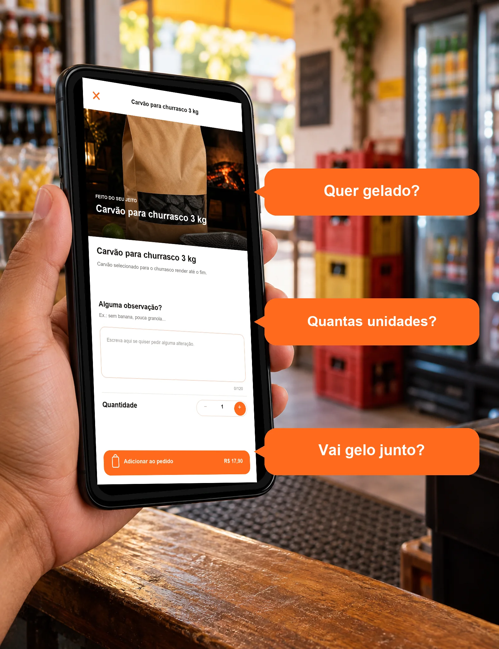 Celular com o produto da loja Vira Noite Bebidas e três perguntas comuns de clientes de distribuidora de bebidas