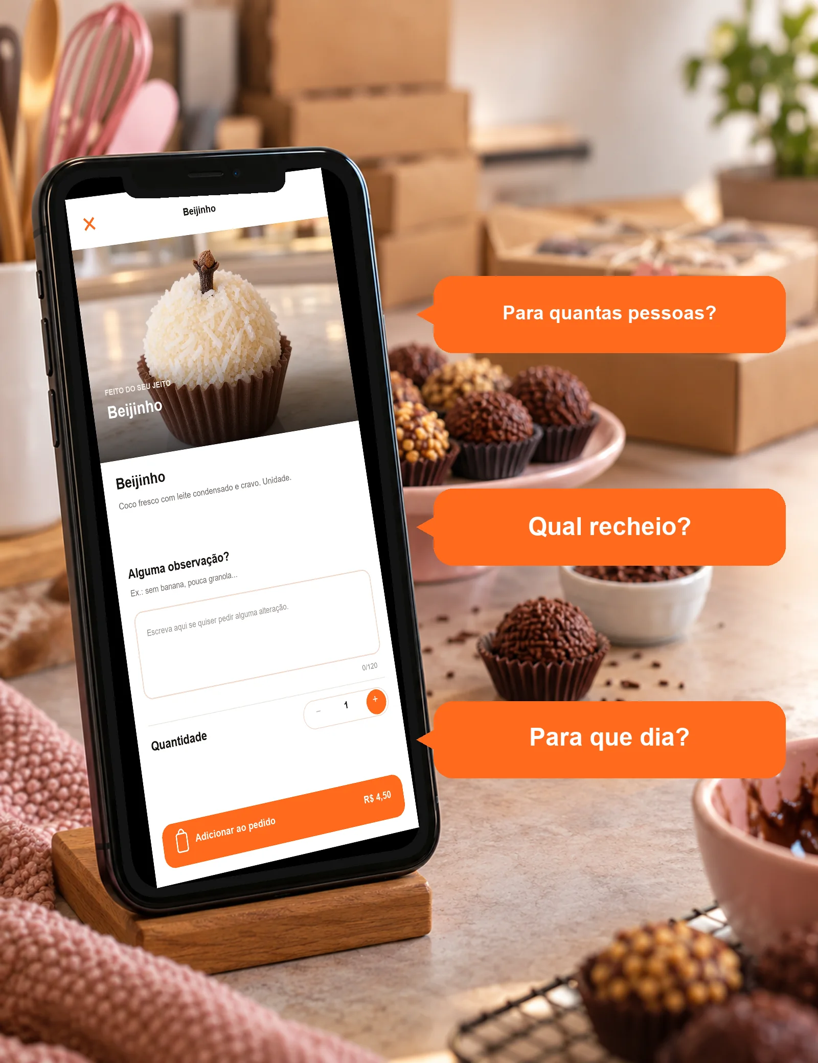 Celular com o produto da loja Doceria Bem Casado e três perguntas comuns de clientes de doceria
