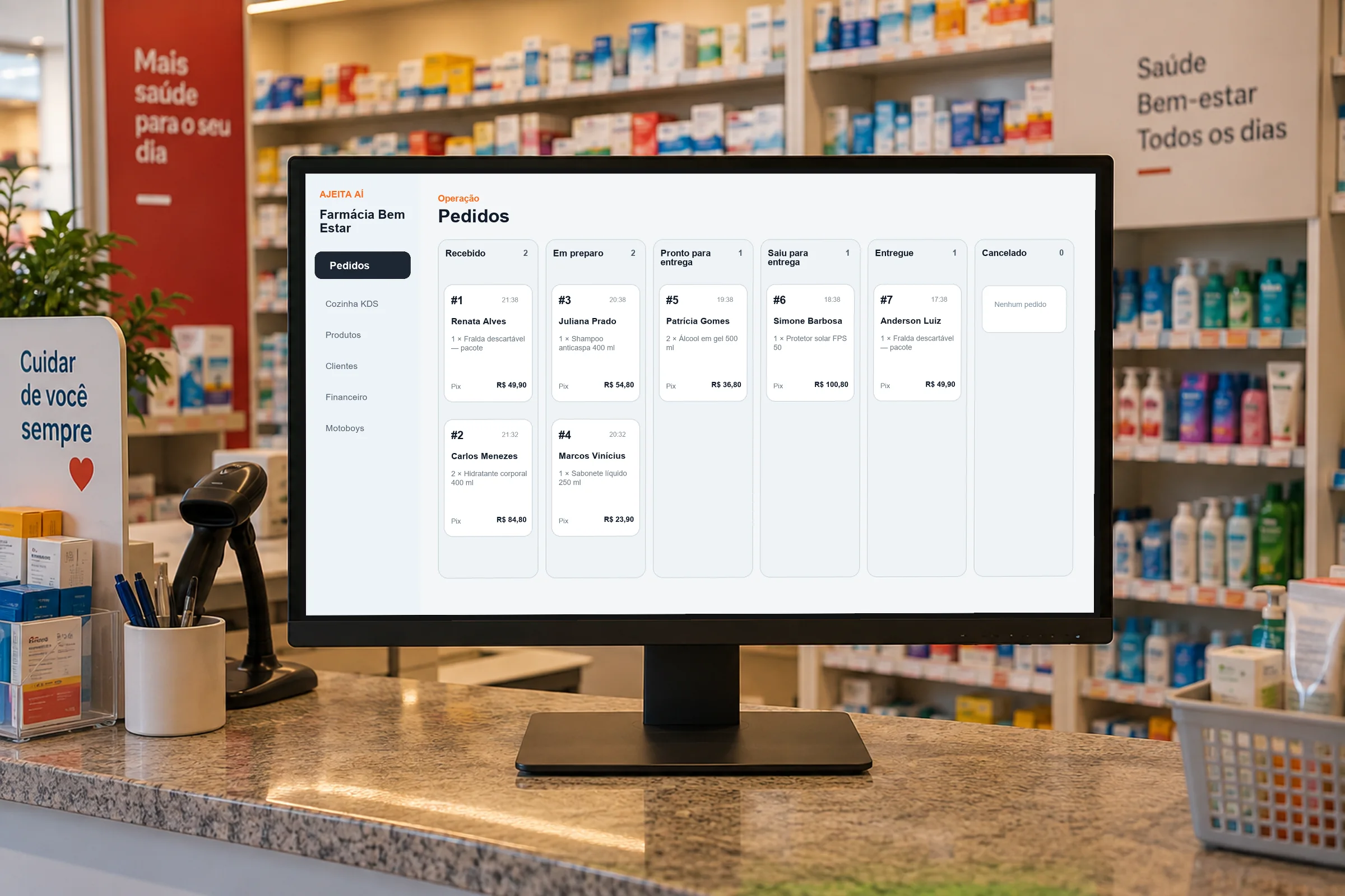 Painel de pedidos da loja Farmácia Bem Estar aberto em um monitor no balcão