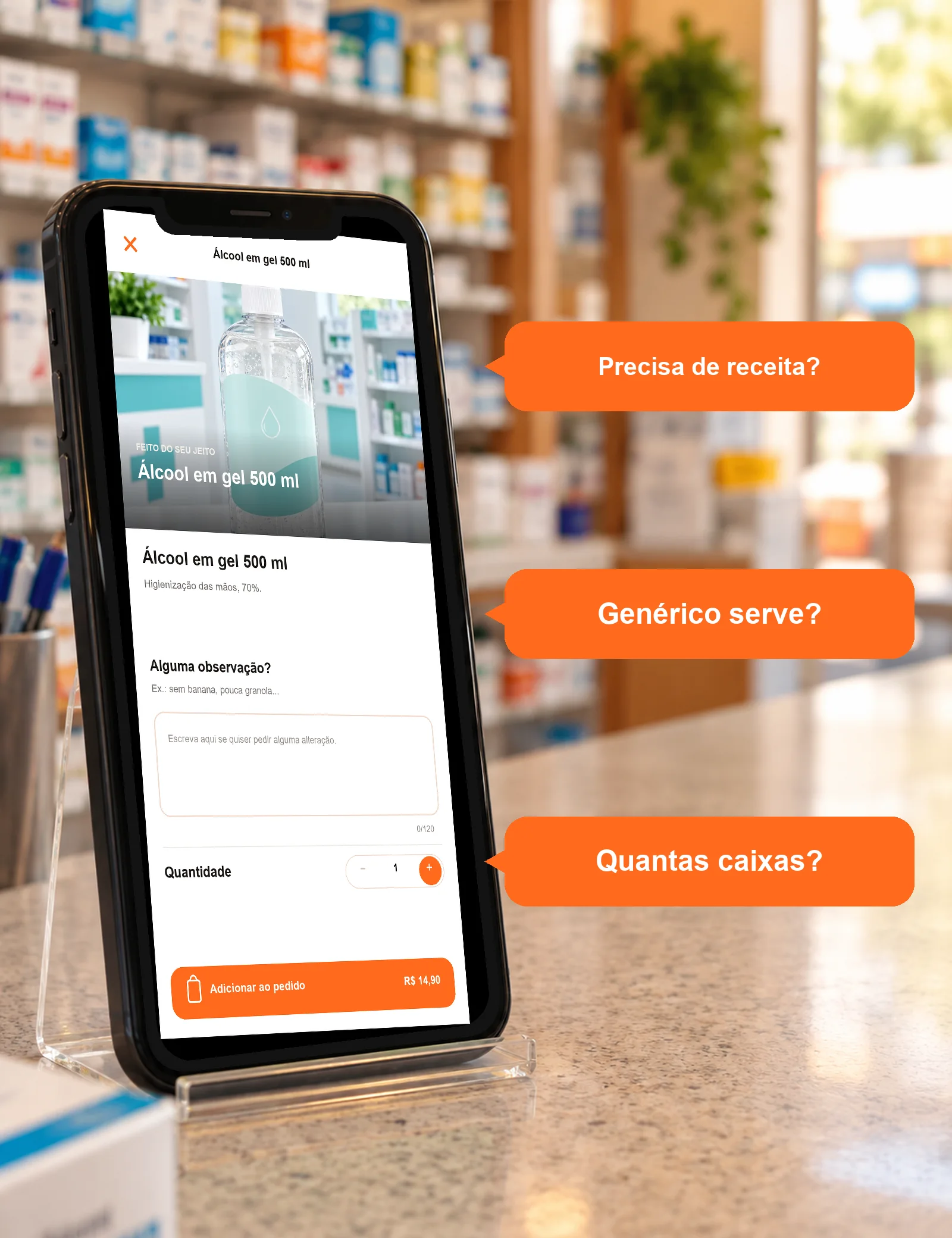 Celular com o produto da loja Farmácia Bem Estar e três perguntas comuns de clientes de farmácia