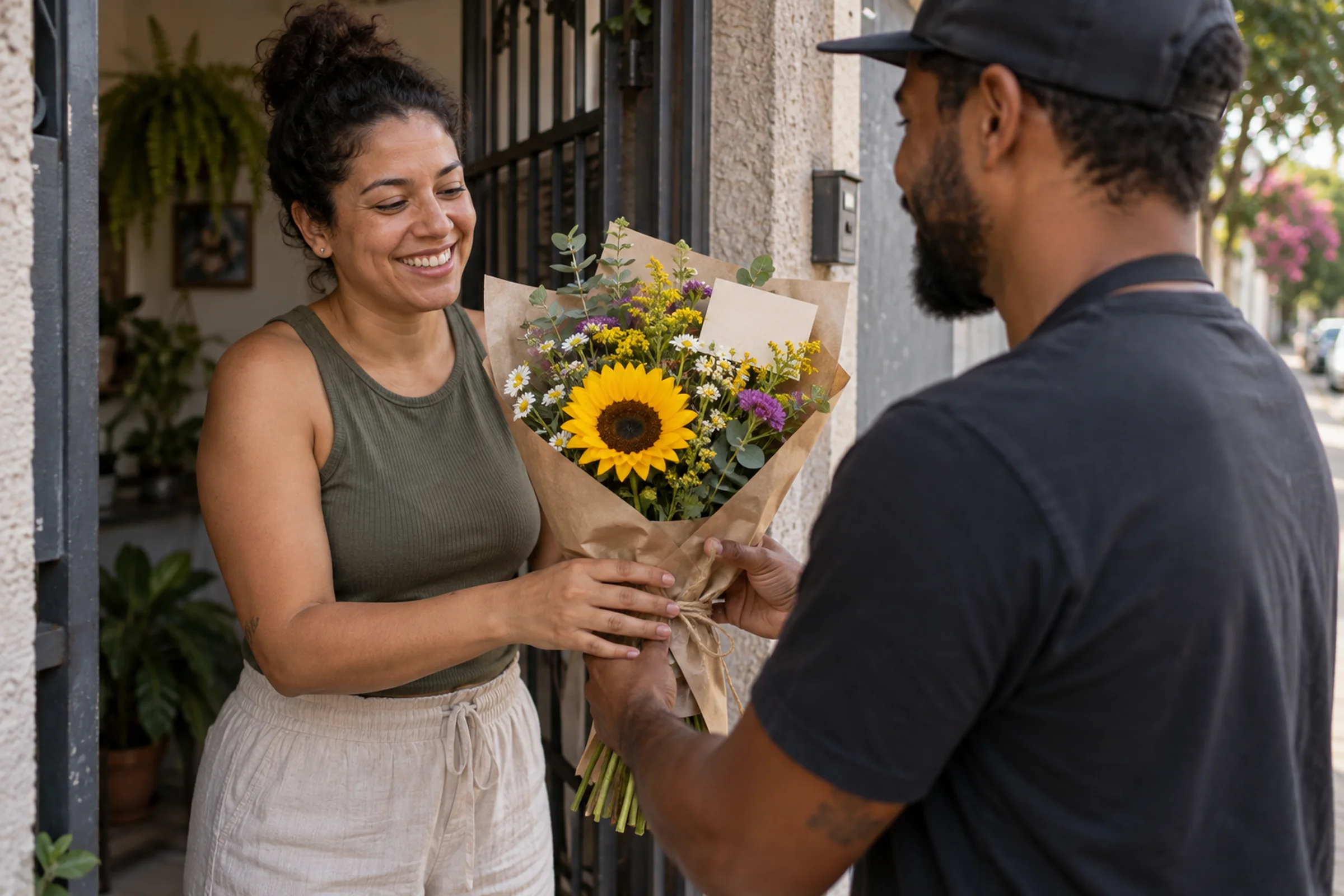 Entrega de pedido de floricultura na porta de um cliente do bairro