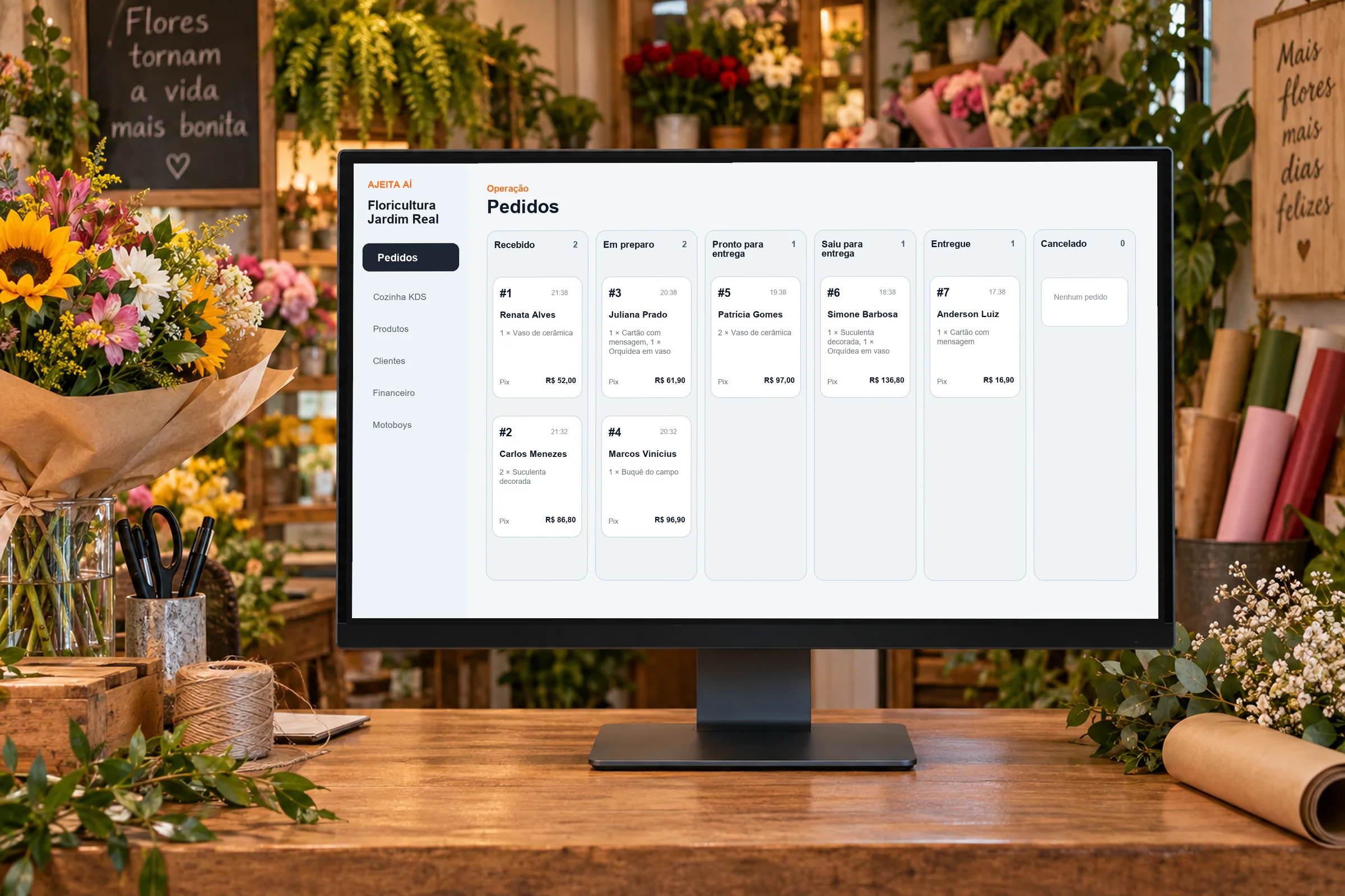 Painel de pedidos da loja Floricultura Jardim Real aberto em um monitor no balcão