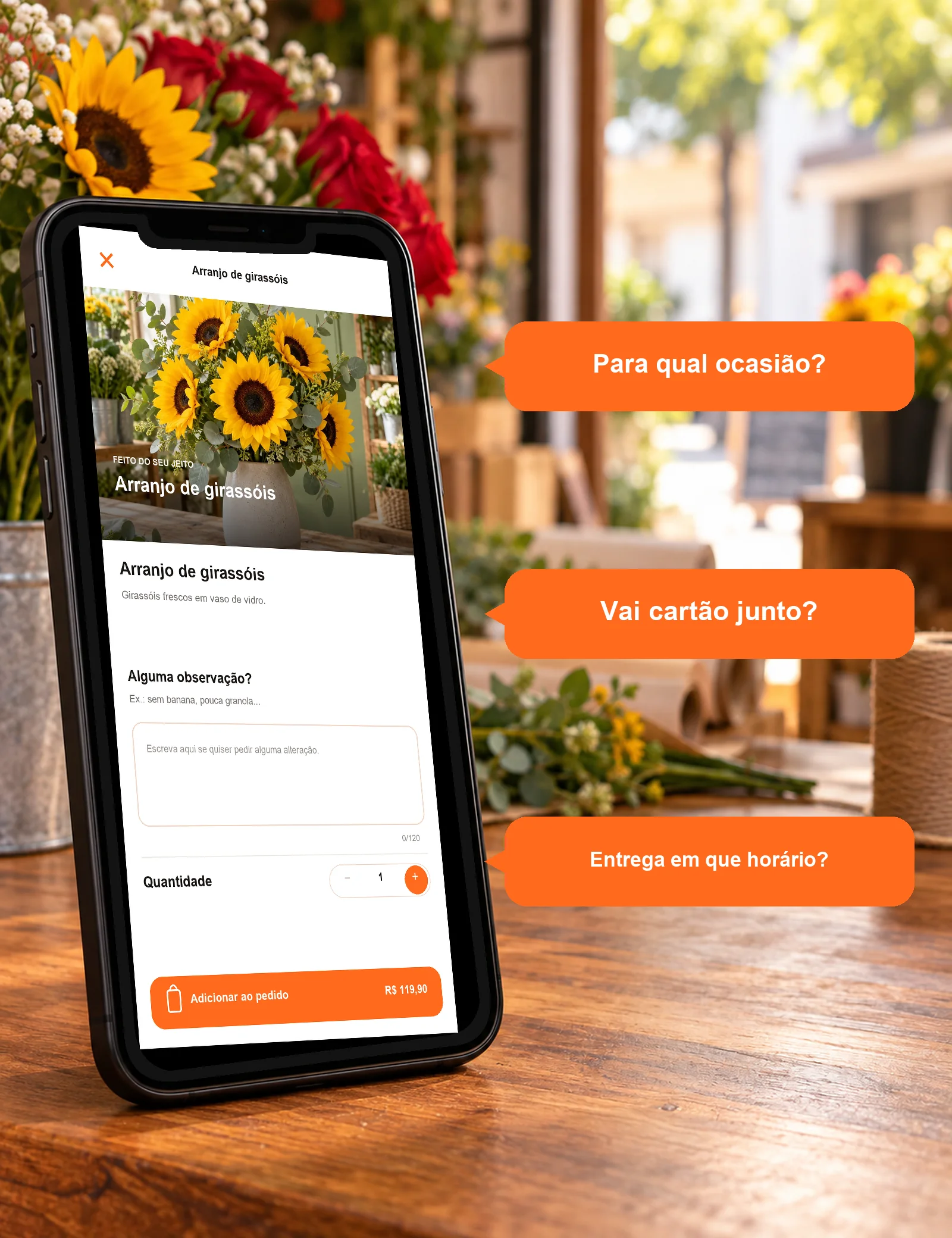 Celular com o produto da loja Floricultura Jardim Real e três perguntas comuns de clientes de floricultura