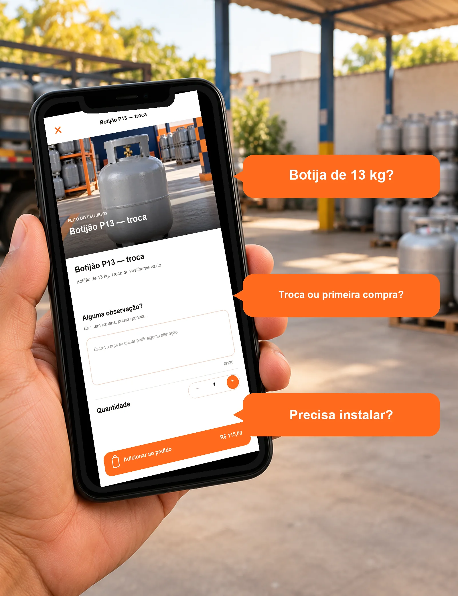 Celular com o produto da loja Gás Rápido Entregas e três perguntas comuns de clientes de gás de cozinha