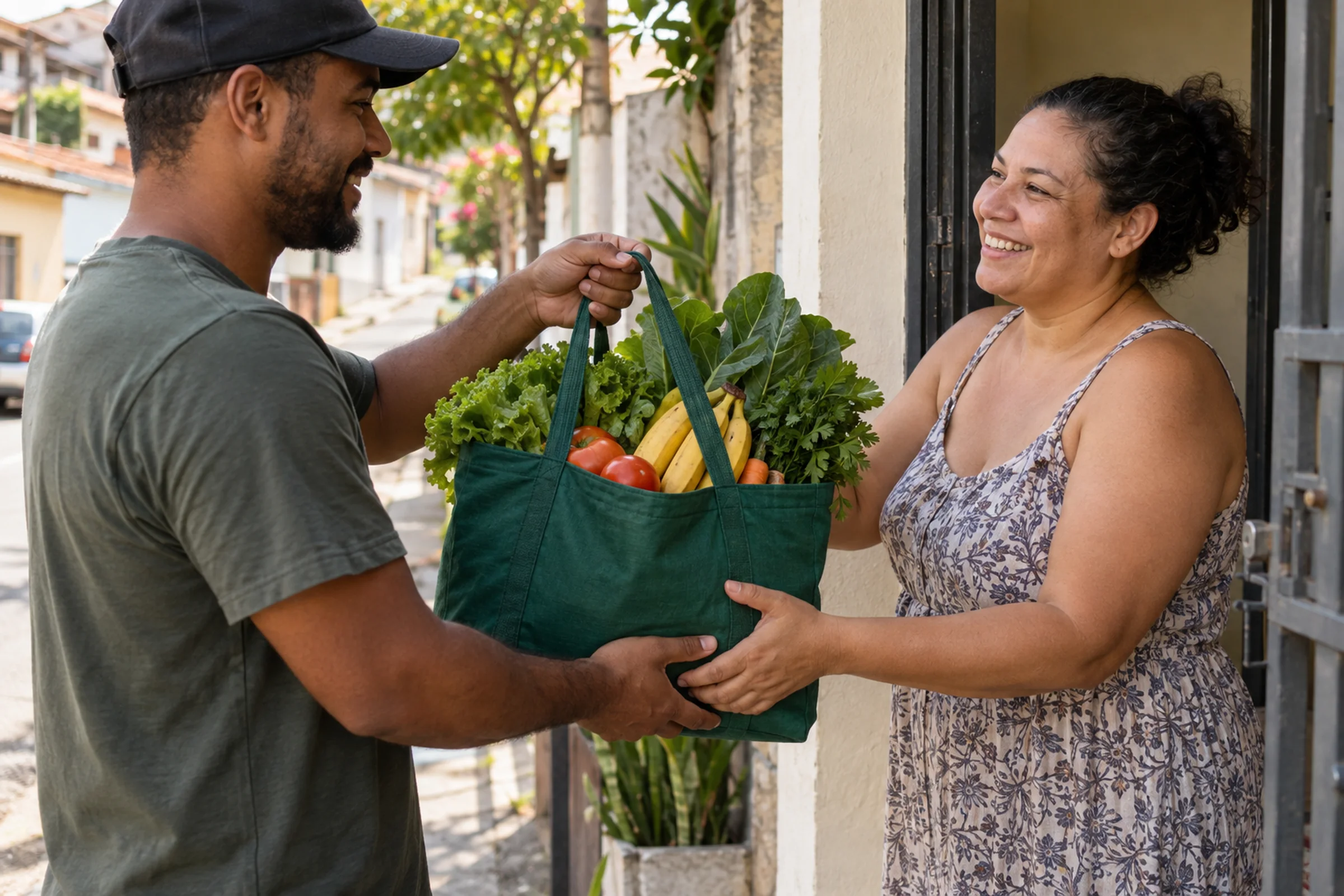 Entrega de pedido de hortifruti na porta de um cliente do bairro