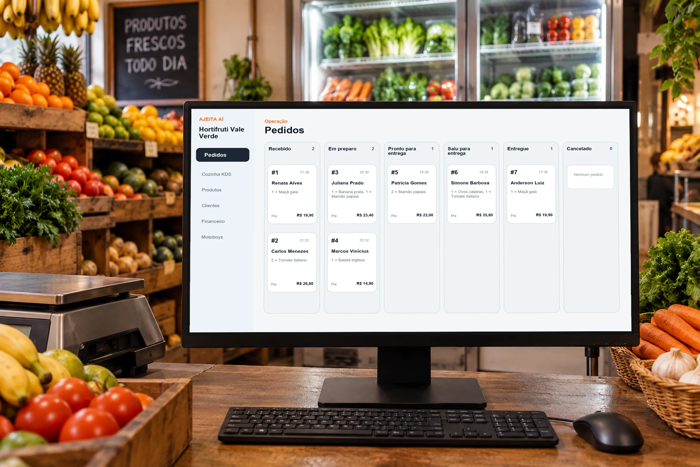Painel de pedidos da loja Hortifruti Vale Verde aberto em um monitor no balcão