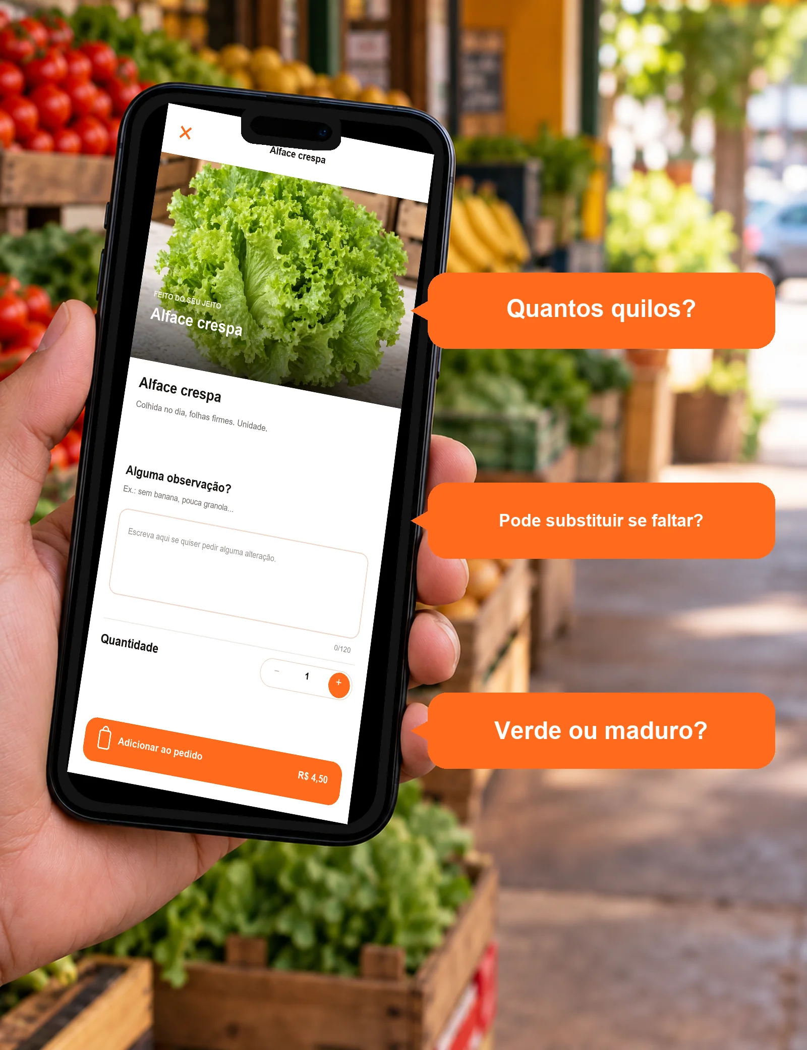 Celular com o produto da loja Hortifruti Vale Verde e três perguntas comuns de clientes de hortifruti