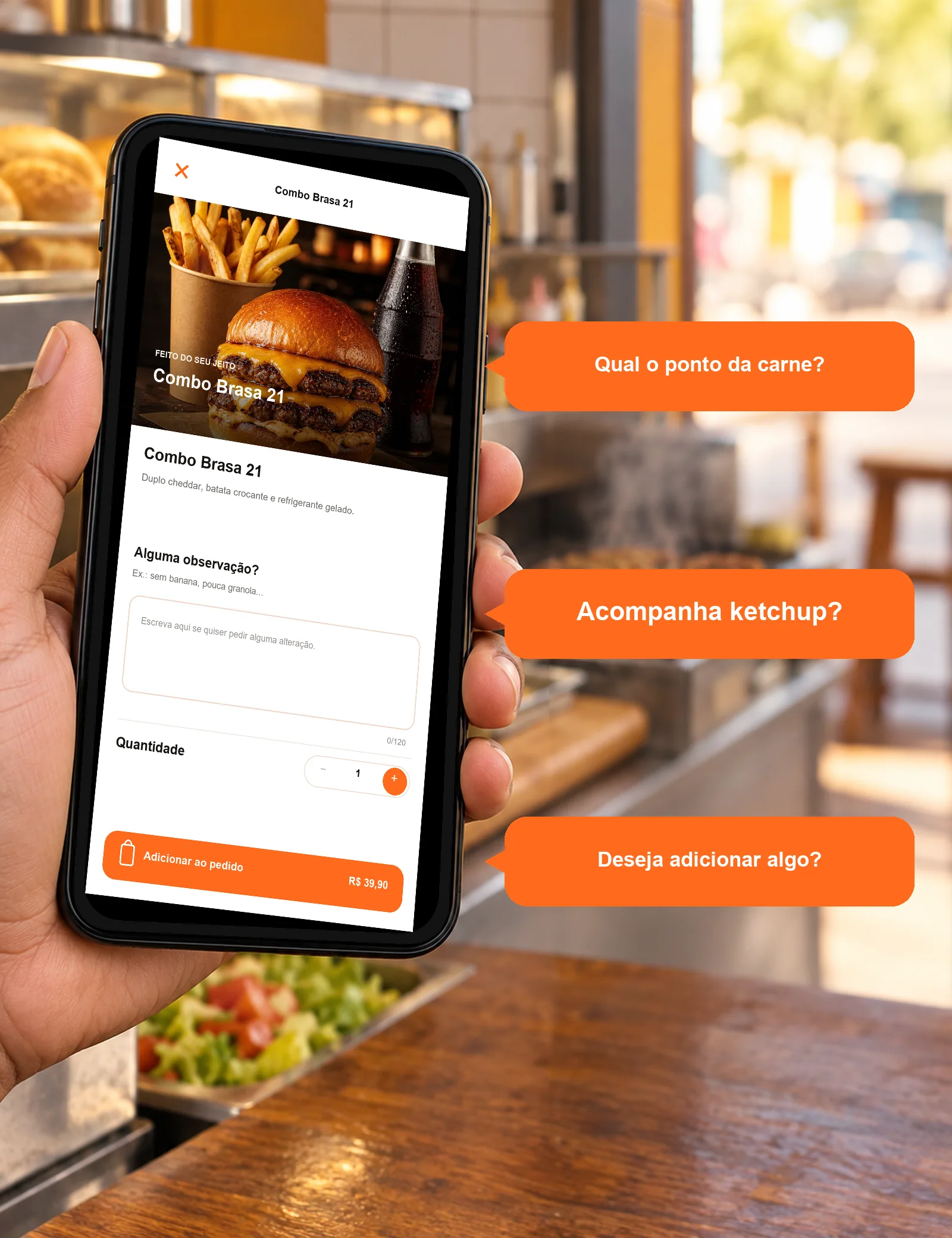Celular com o produto da loja Brasa 21 Burger e três perguntas comuns de clientes de lanchonete