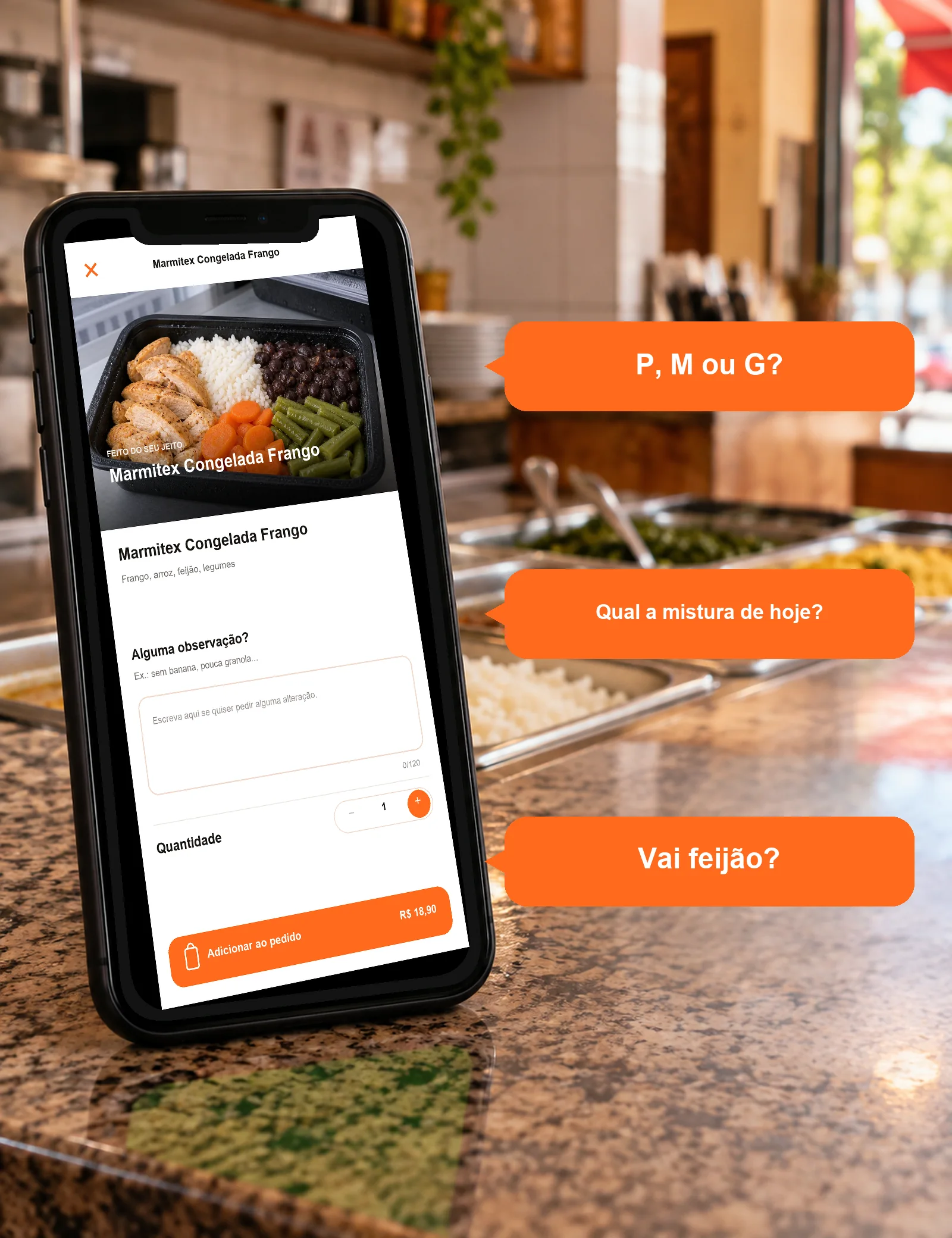 Celular com o produto da loja Marmitex da Dona Célia e três perguntas comuns de clientes de marmitex