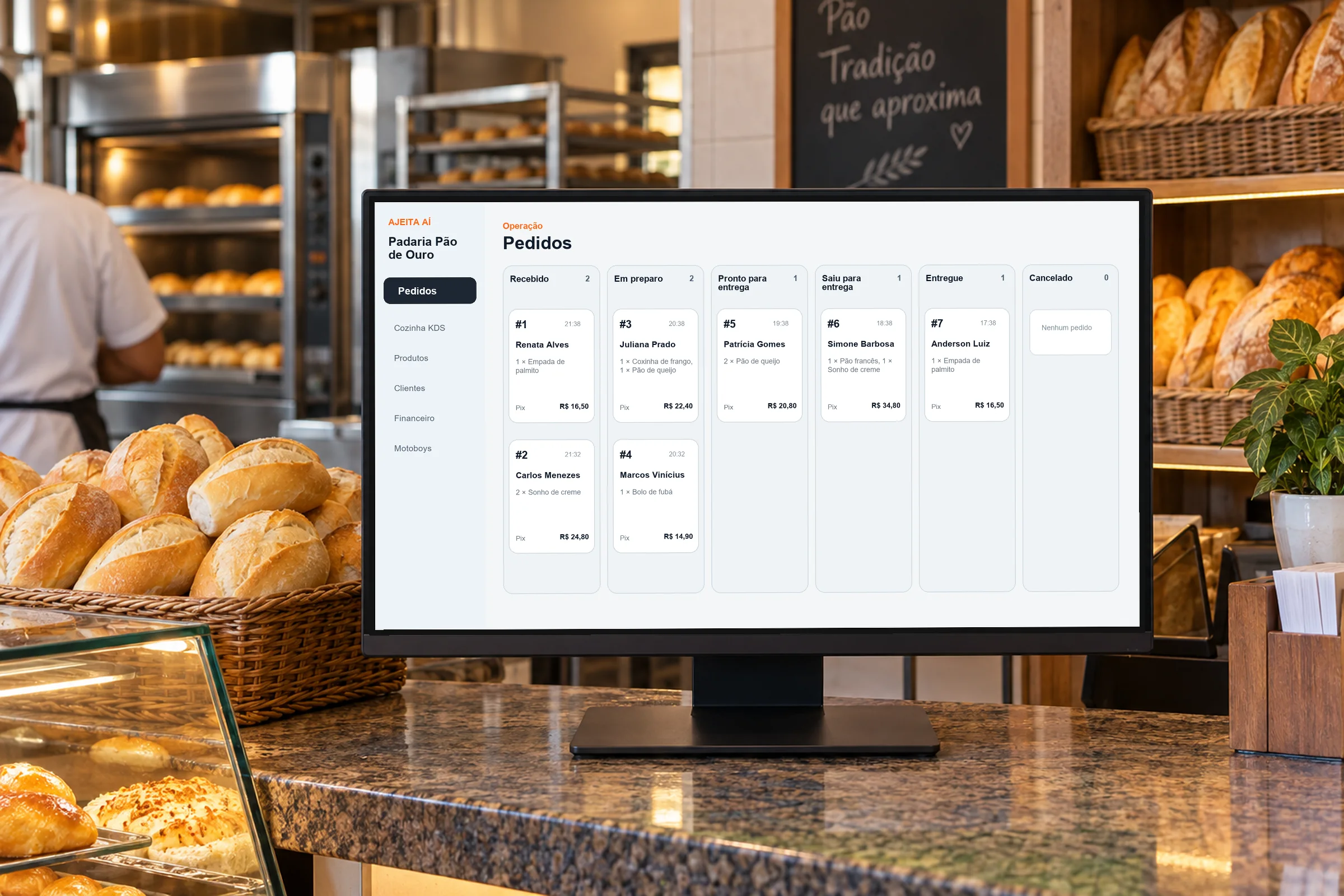 Painel de pedidos da loja Padaria Pão de Ouro aberto em um monitor no balcão