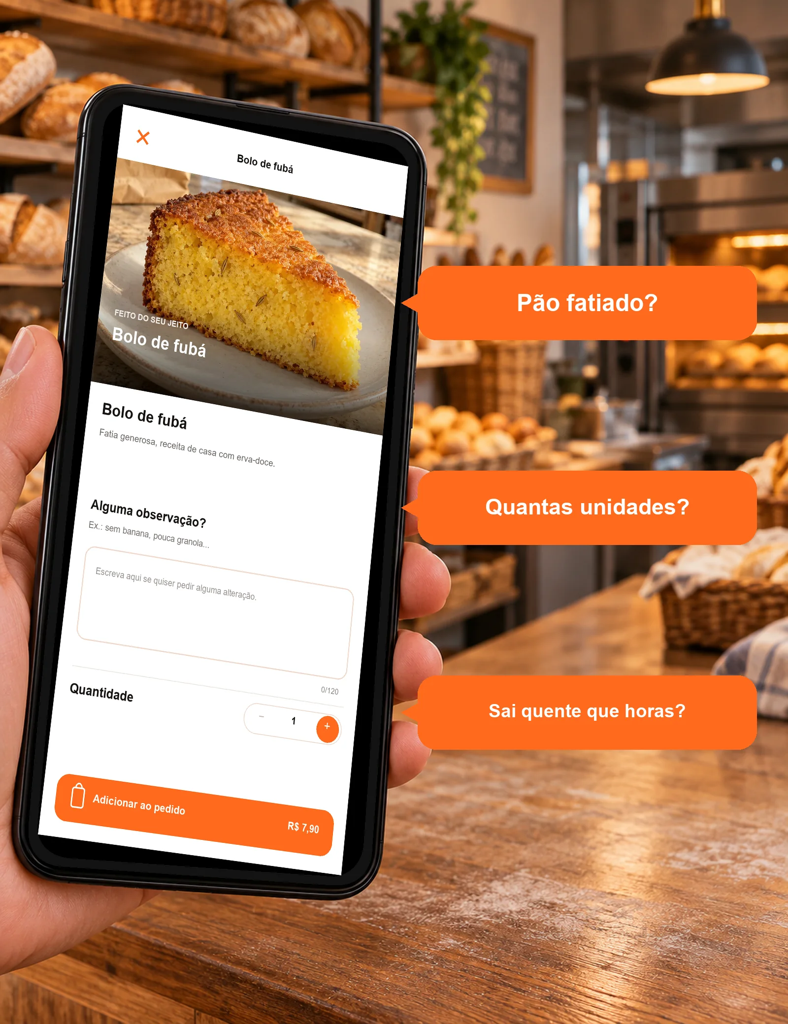 Celular com o produto da loja Padaria Pão de Ouro e três perguntas comuns de clientes de padaria