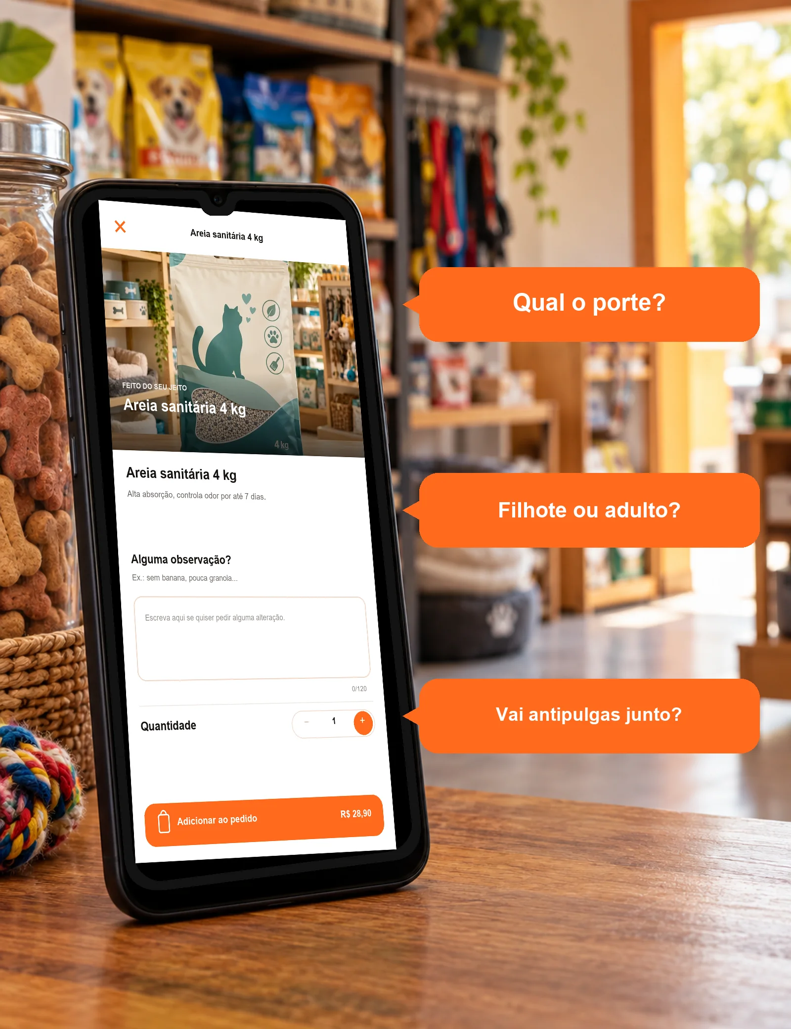 Celular com o produto da loja Petshop Amigo Peludo e três perguntas comuns de clientes de petshop
