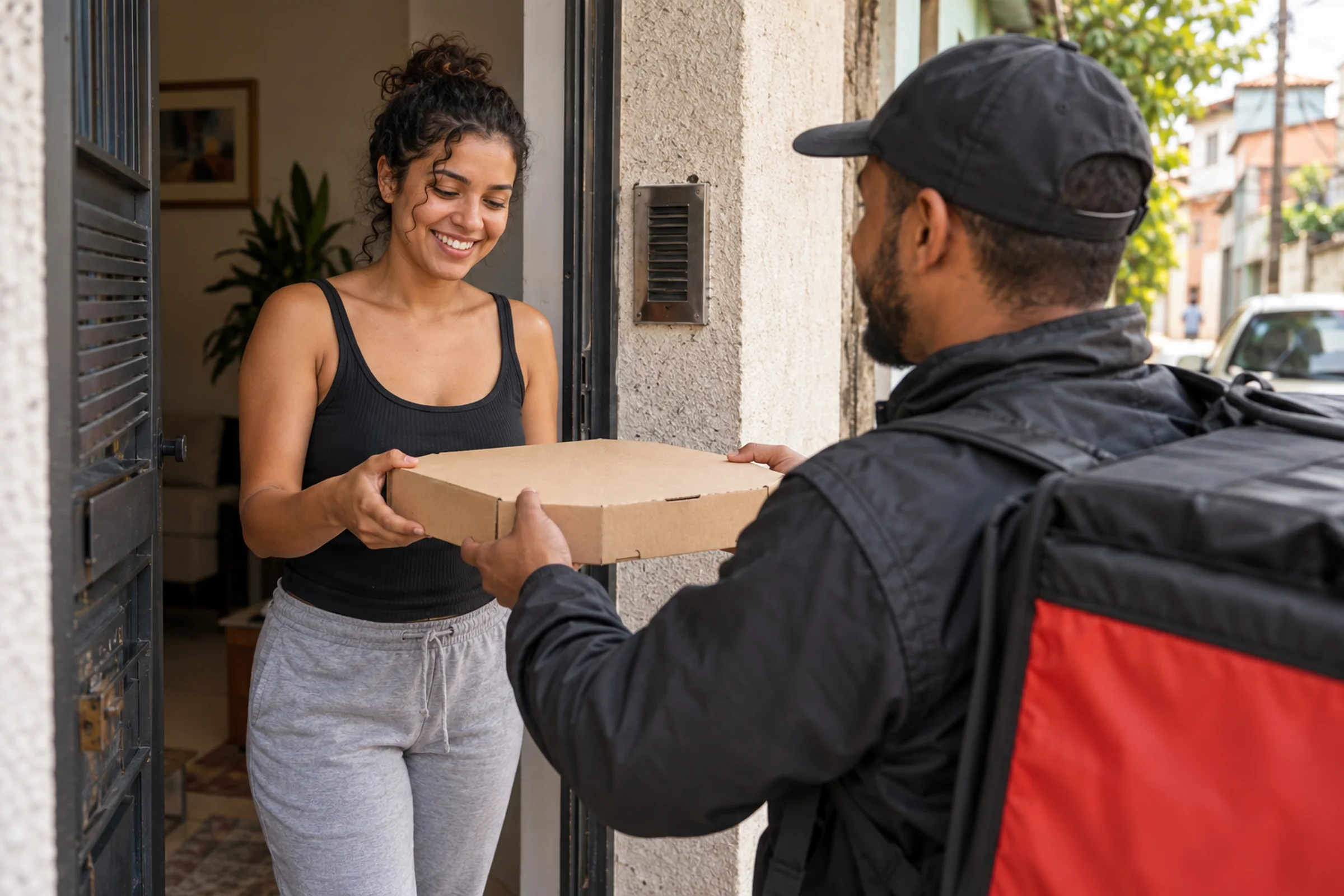 Entrega de pedido de pizzaria na porta de um cliente do bairro