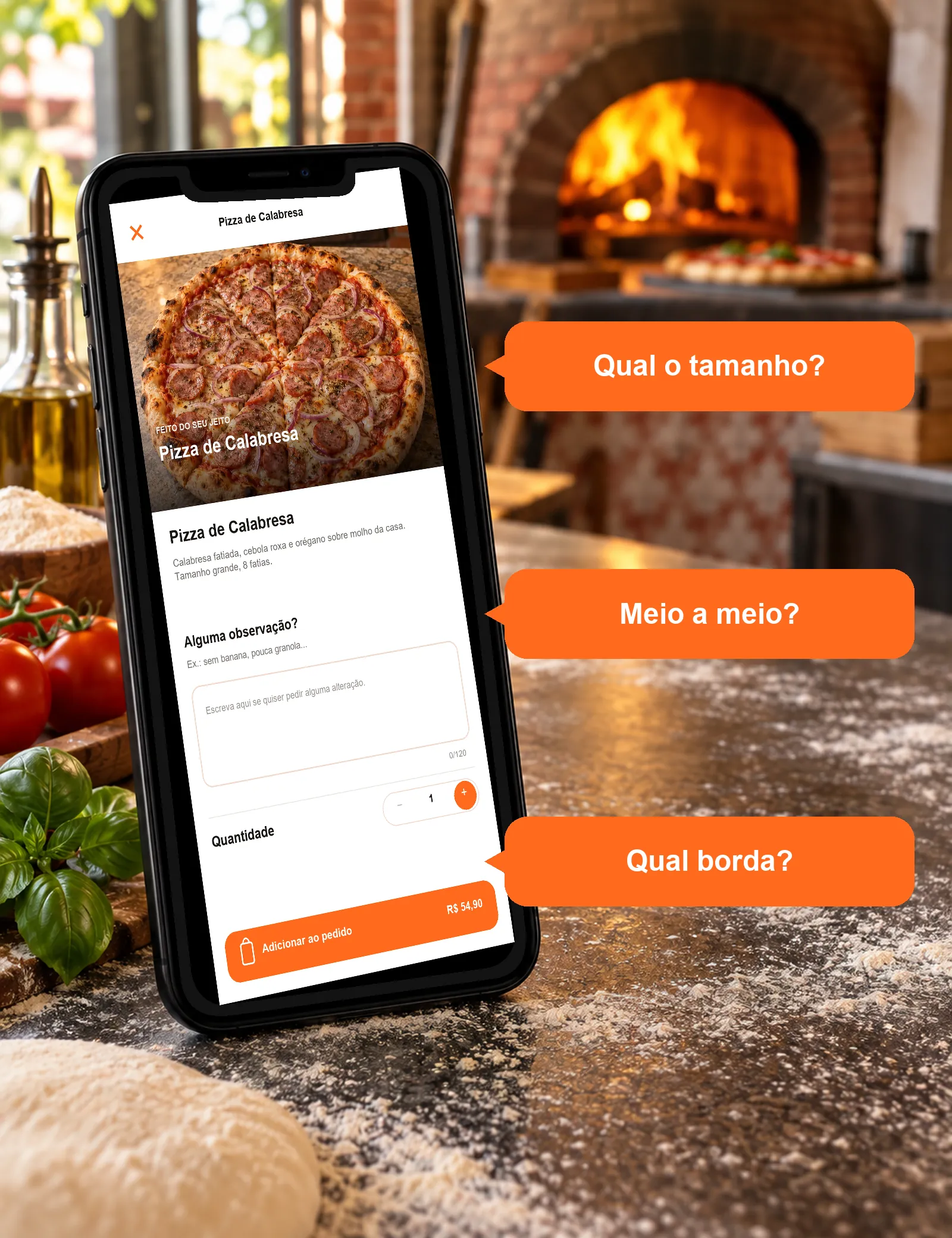Celular com o produto da loja Pizzaria Forno de Pedra e três perguntas comuns de clientes de pizzaria