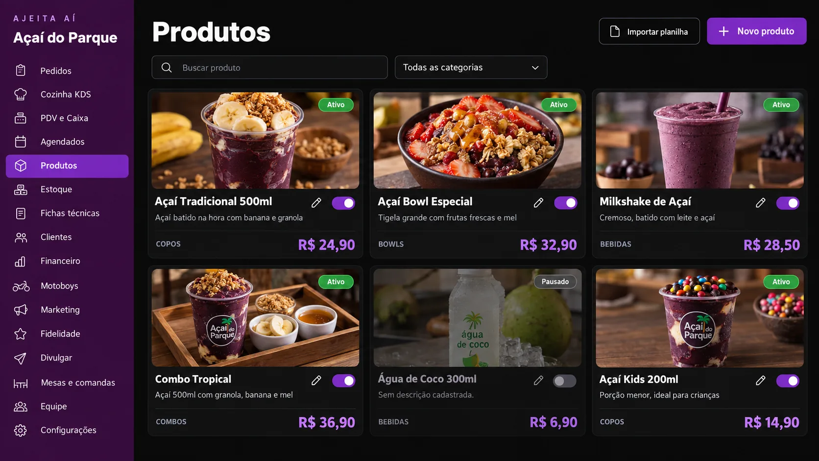 Tela de Produtos do painel Ajeita Aí, com catálogo em grade